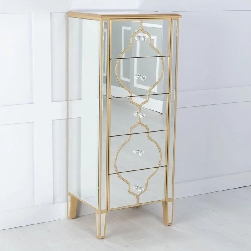 Casablanca Mirrored Gold Trim 5 Drawer Narrow Chest-3