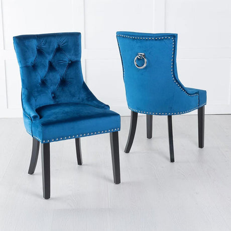 Knocker Back Blue Velvet Fabric Dining Chair with Black Wooden Legs-2
