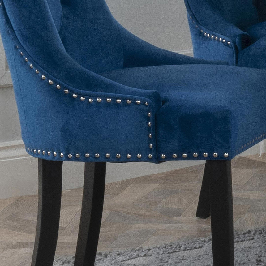 Knocker Back Blue Velvet Fabric Dining Chair with Black Wooden Legs-3