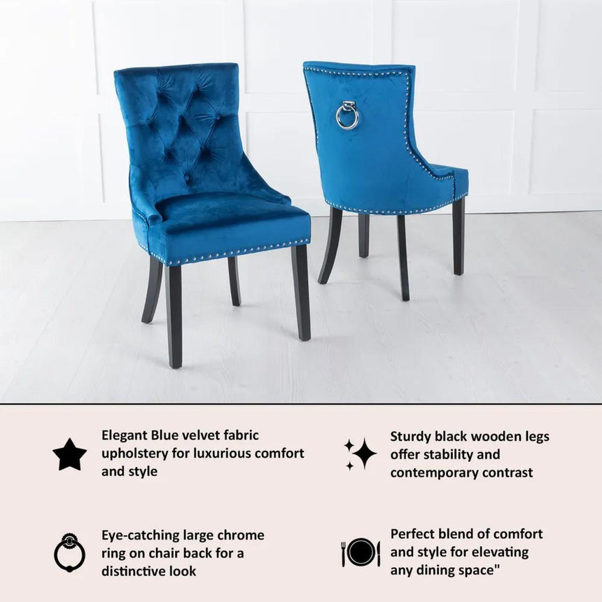 Knocker Back Blue Velvet Fabric Dining Chair with Black Wooden Legs-4