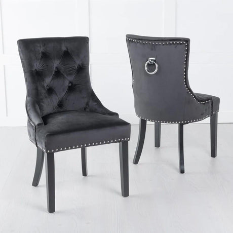 Knocker Back Black Velvet Fabric Dining Chair with Black Wooden Legs-2