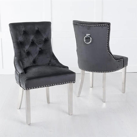 Knocker Back Black Velvet Fabric Dining Chair with Chrome Legs-2