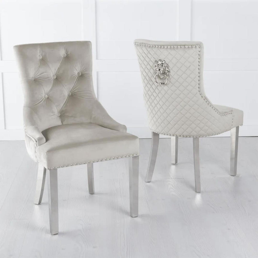 Lion Knocker Back Champagne Velvet Fabric Dining Chair with Chrome Legs-2