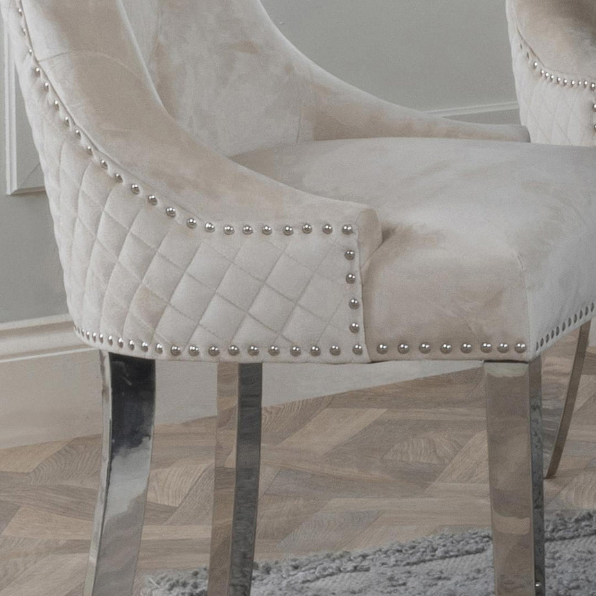 Lion Knocker Back Champagne Velvet Fabric Dining Chair with Chrome Legs-6