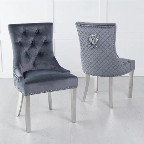 Lion Knocker Back Grey Velvet Fabric Dining Chair with Chrome Legs-2
