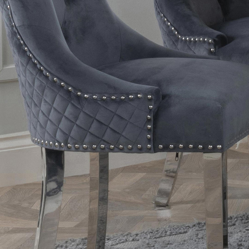 Lion Knocker Back Grey Velvet Fabric Dining Chair with Chrome Legs-5