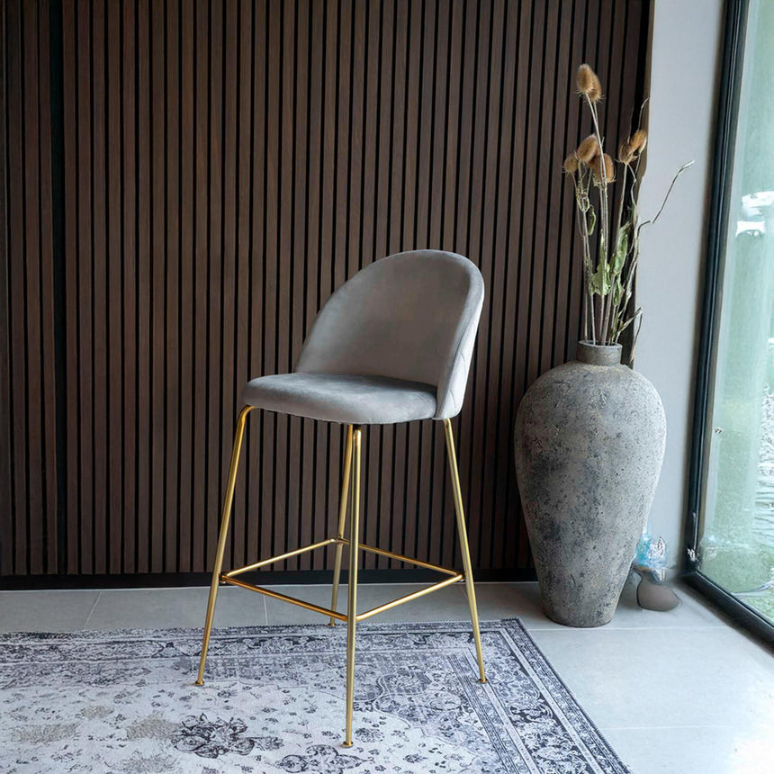 2 x Lausanne Grey Velvet Fabric Barstool with Gold Legs-2