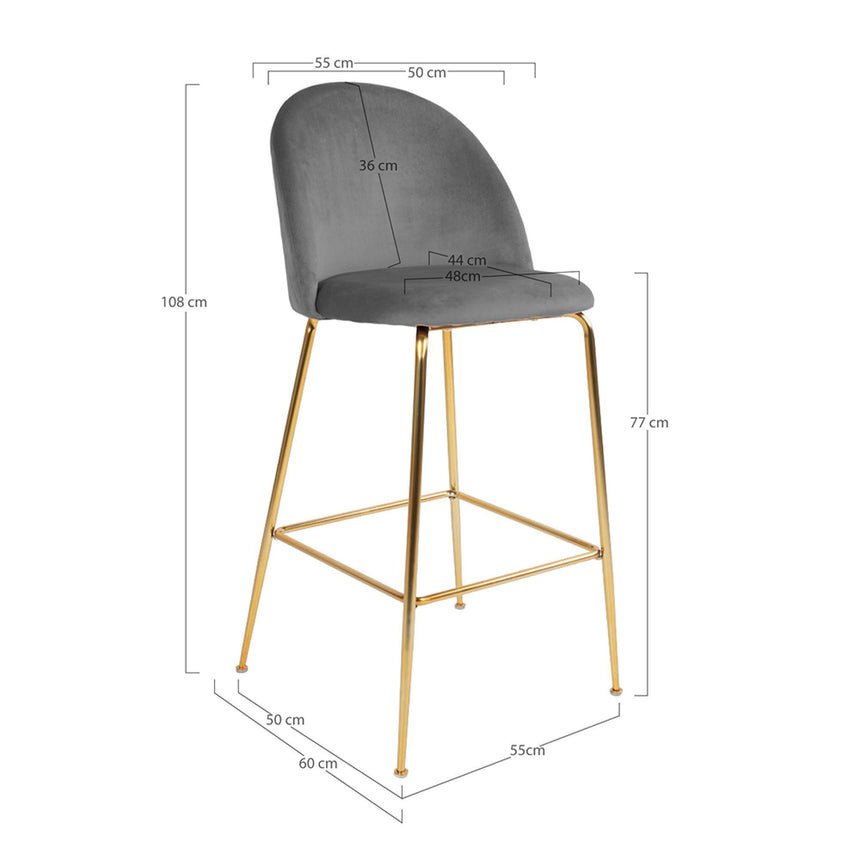 2 x Lausanne Grey Velvet Fabric Barstool with Gold Legs-4