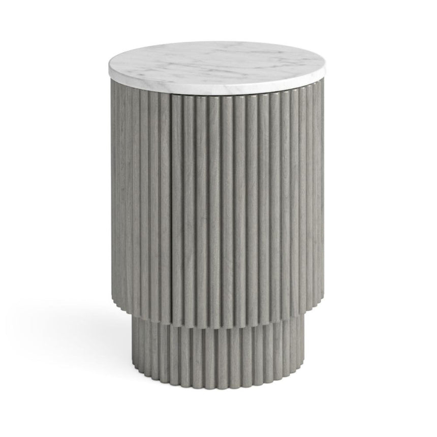 Isabella Grey 1 Door Fluted Round Side Table with White Marble Top-3