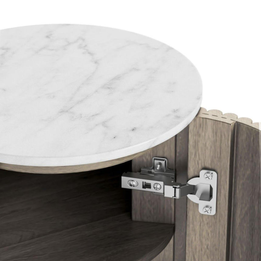 Isabella Grey 1 Door Fluted Round Side Table with White Marble Top-5