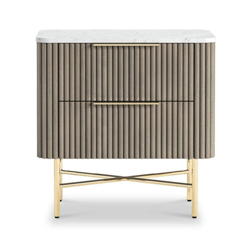 Isabella Grey 2 Drawer Fluted Bedside Table with White Marble Top-3