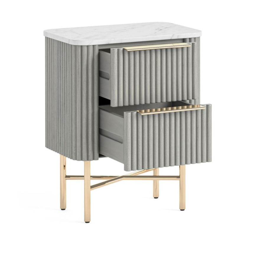 Isabella Grey 2 Drawer Fluted Narrow Bedside Table with White Marble Top-2