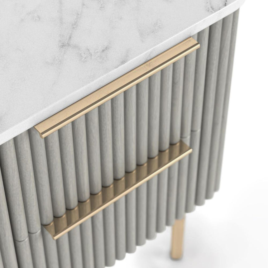 Isabella Grey 2 Drawer Fluted Narrow Bedside Table with White Marble Top-4