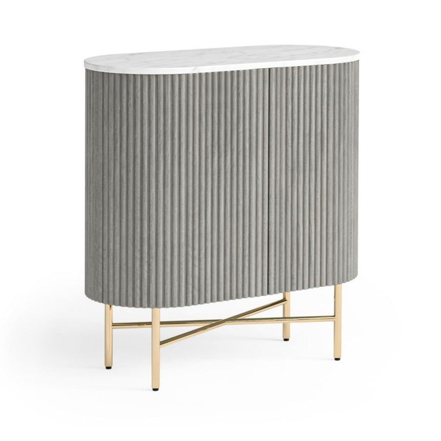 Isabella Grey Mini 2 Door Fluted Curved Sideboard with White Marble Top - 65cm-3