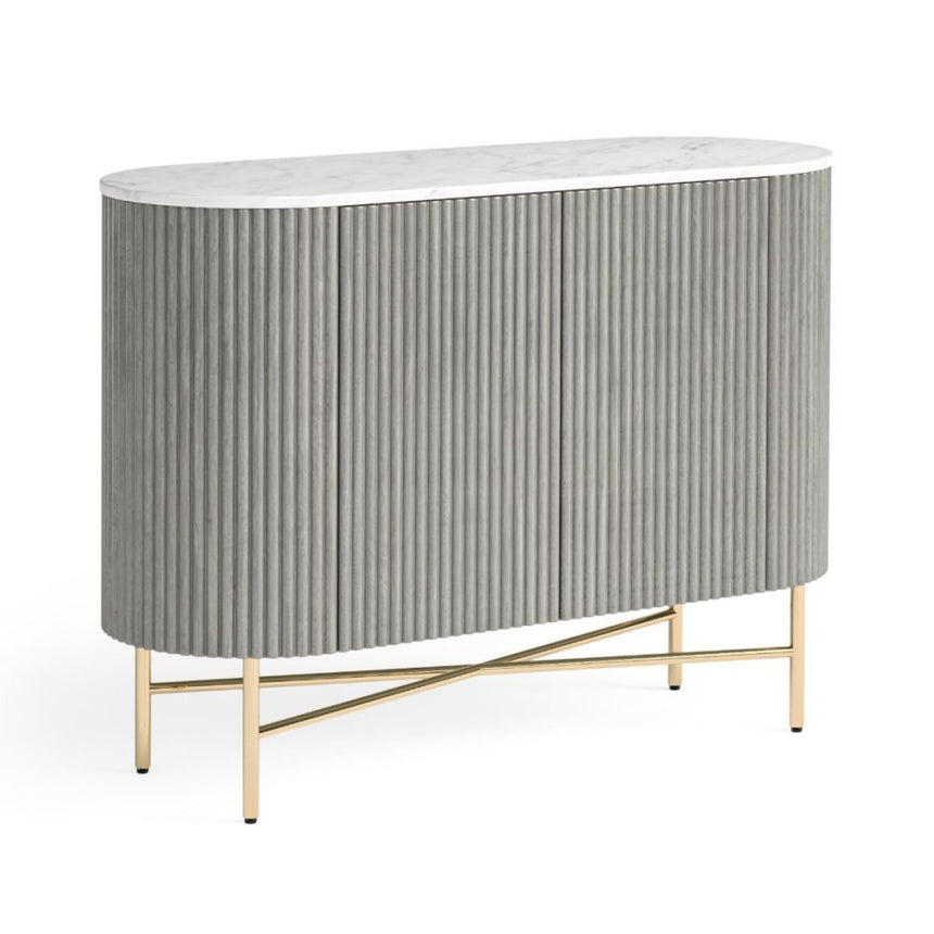 Isabella Grey Small 2 Door Fluted Curved Sideboard with White Marble Top - 100cm-2