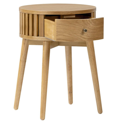 Soho Oak 1 Drawer Slatted Round Side Table-2