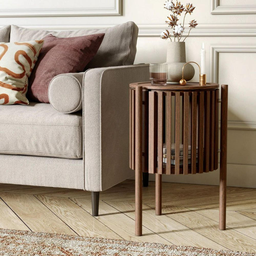 Soho Dark Oak 1 Door Slatted Story Round Side Table-3