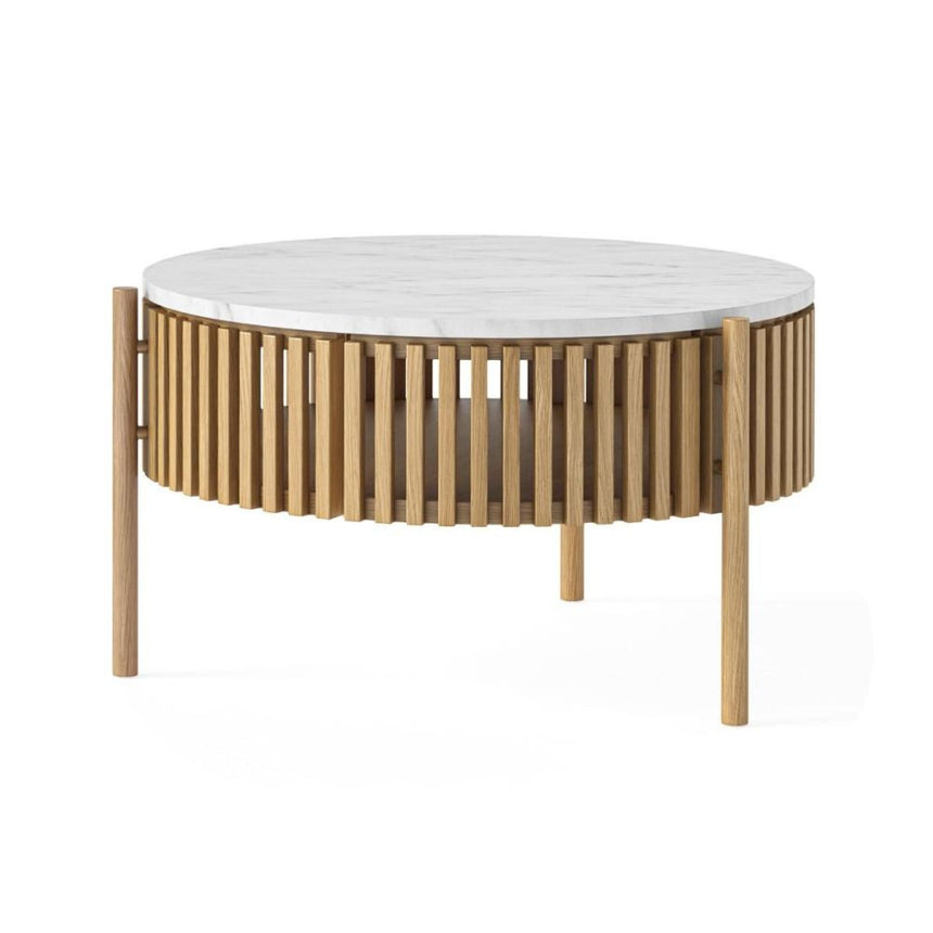 Soho Oak 1 Door Slatted Story Round Coffee Table - White Marble Top-2