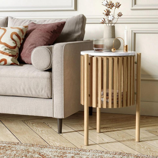 Soho Oak 1 Door Slatted Story Round Side Table - White Marble Top-3
