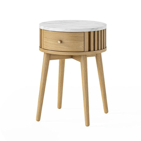 Soho Oak 1 Drawer Slatted Round Side Table - White Marble Top-2