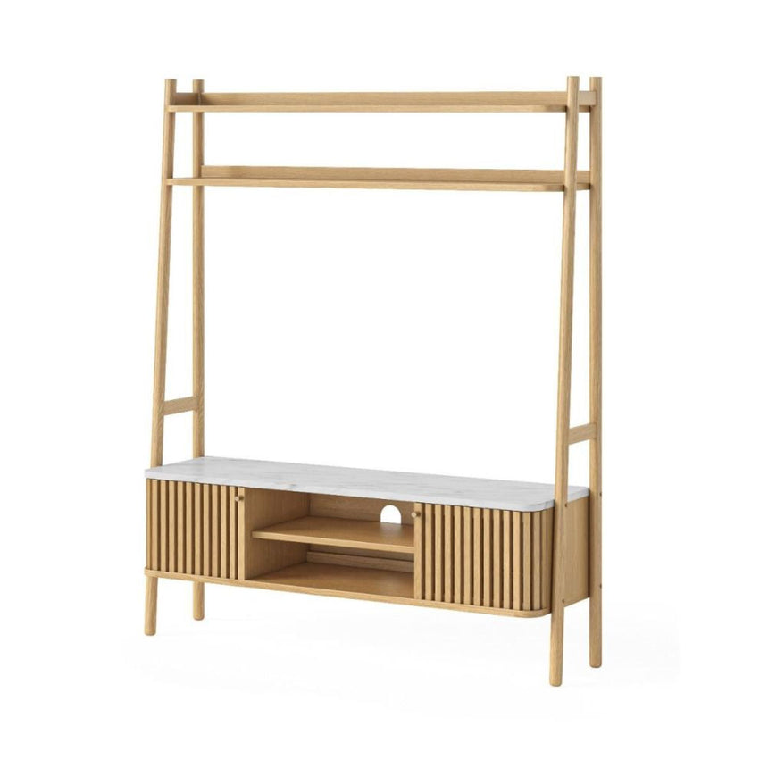 Soho Oak Slatted Ladder Storage TV Unit - White Marble Top-2