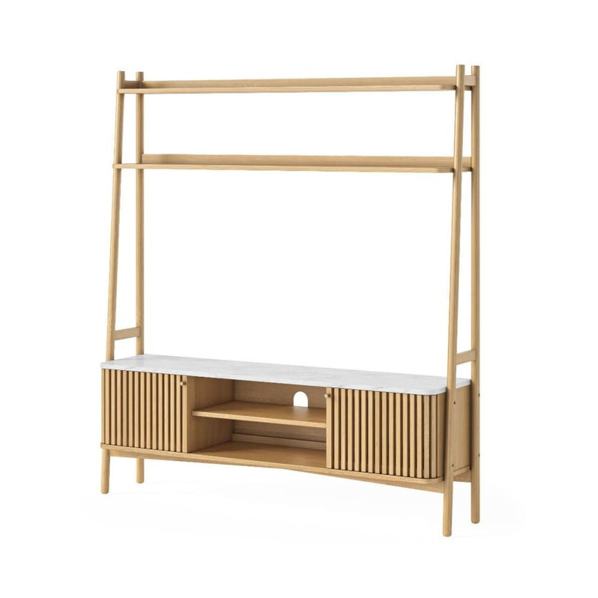 Soho Oak 165cm Slatted Ladder Large Storage TV Unit - White Marble Top-2