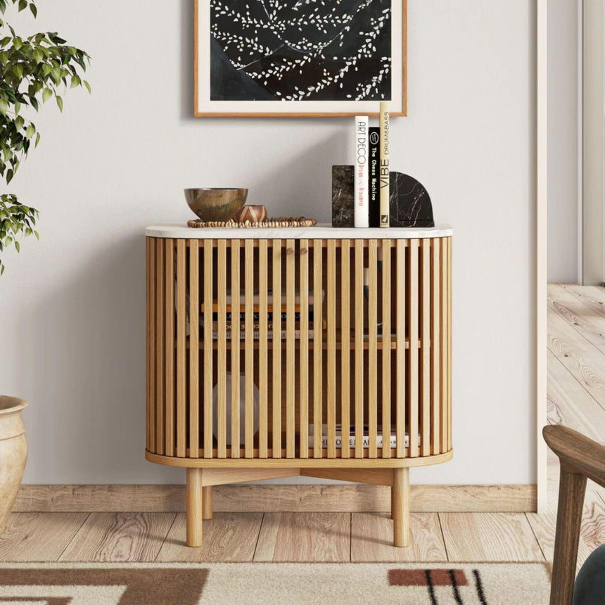 Soho Oak 2 Door Slatted Cupboard - White Marble Top-3