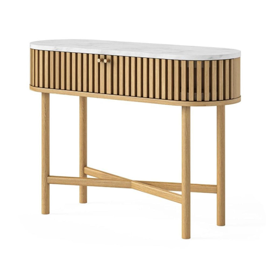 Soho Oak 2 Door Slatted Oval Console Table - White Marble Top-2