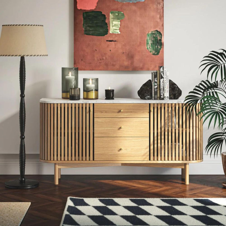 Soho Oak 2 Door Slatted Sideboard - White Marble Top - 140cm-3