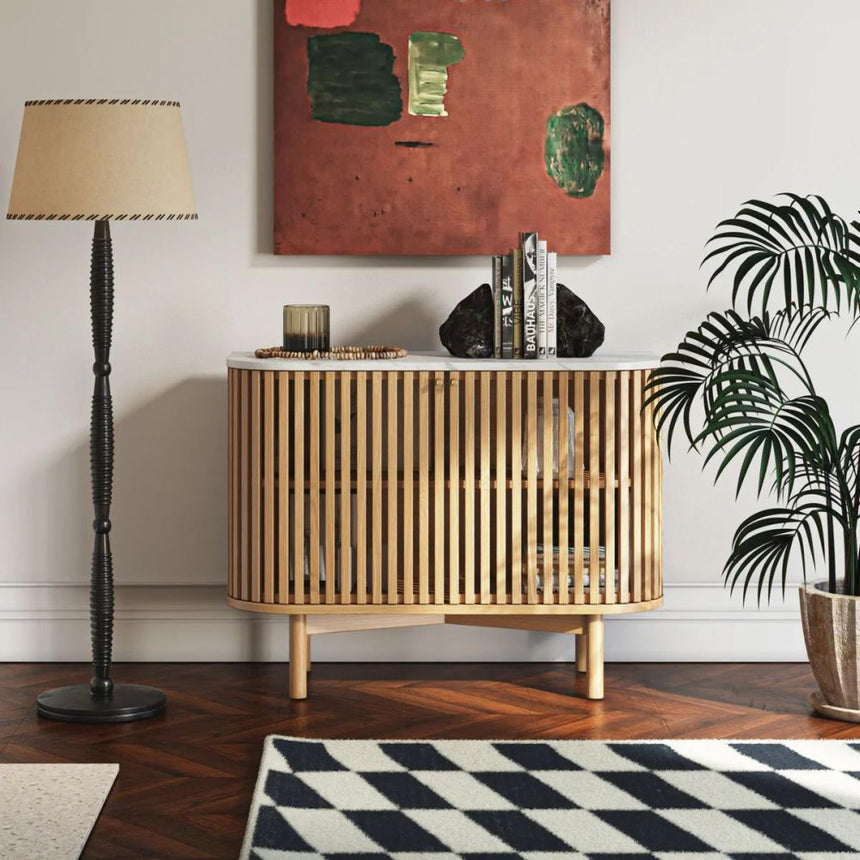 Soho Oak 2 Door Slatted Small Sideboard - White Marble Top-3