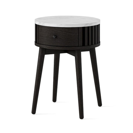 Soho Black 1 Drawer Slatted Round Side Table - White Marble Top-2