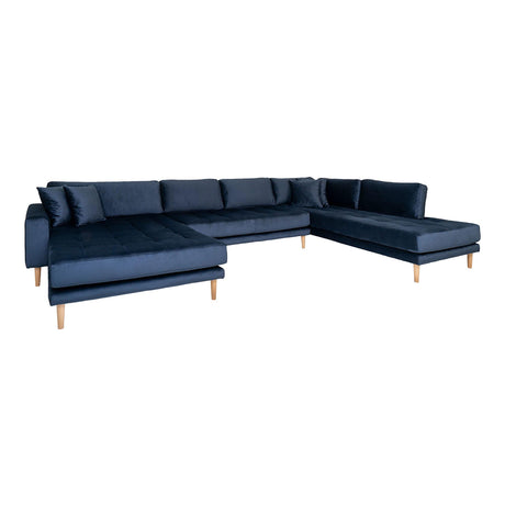 Lido Dark Blue Velvet Fabric Left Hand Facing U-Sofa Open End with Natural Legs-2