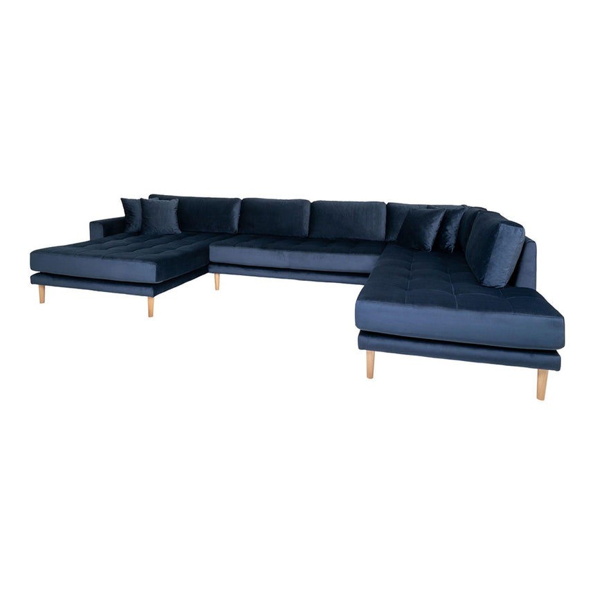 Lido Dark Blue Velvet Fabric Left Hand Facing U-Sofa Open End with Natural Legs-3