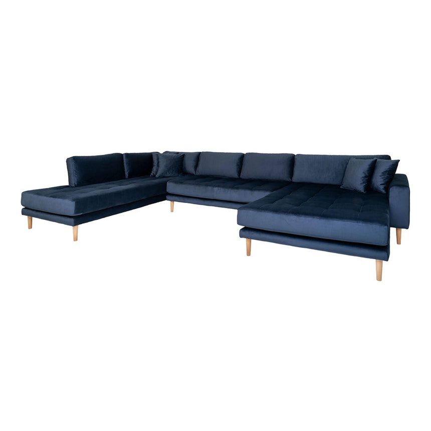 Lido Dark Blue Velvet Fabric Right Hand Facing U-Sofa Open End with Natural Legs-2