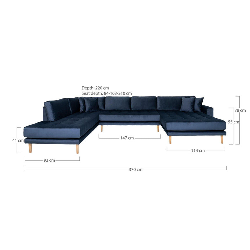 Lido Dark Blue Velvet Fabric Right Hand Facing U-Sofa Open End with Natural Legs-5