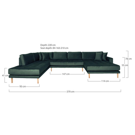 Lido Dark Green Velvet Fabric Right Hand Facing U-Sofa Open End with Natural Legs-2