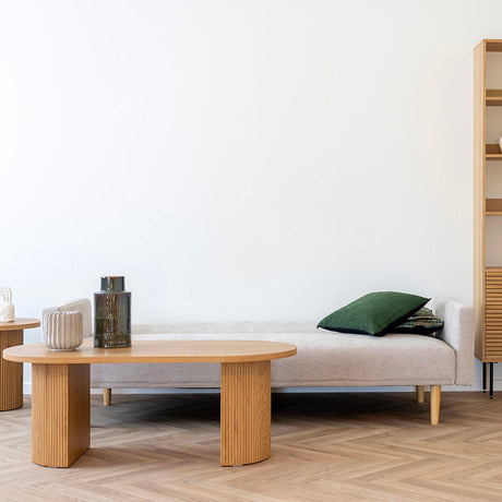 Kells Sand Fabric Click Clack Sofa Bed with Natural Legs-2