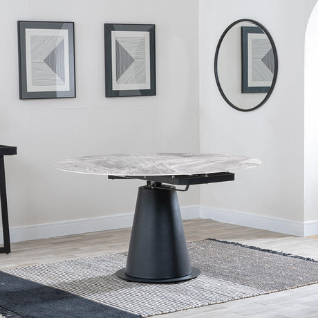 Carrara 4-6 Seater Grey Ceramic Round Swivel Motion Extending Dining Table with Black Pedestal Base - 135cm-2