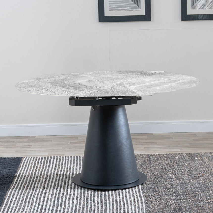 Carrara Grey Ceramic 4 Seater Round Extending Dining Set - 4 Arctic Blue Velvet Fabric Swivel Dining Chair-5