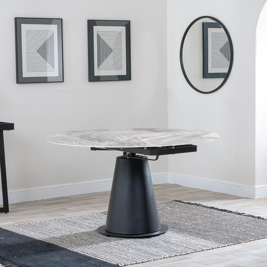 Carrara Grey Ceramic 4 Seater Round Extending Dining Set - 4 Ion Beige Velvet Fabric Swivel Dining Chair-2