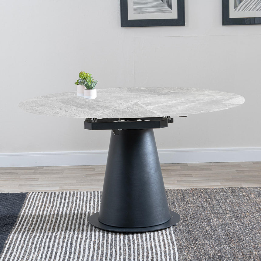 Carrara Grey Ceramic 4 Seater Round Extending Dining Set - 4 Ion Orange Velvet Fabric Swivel Dining Chair-3