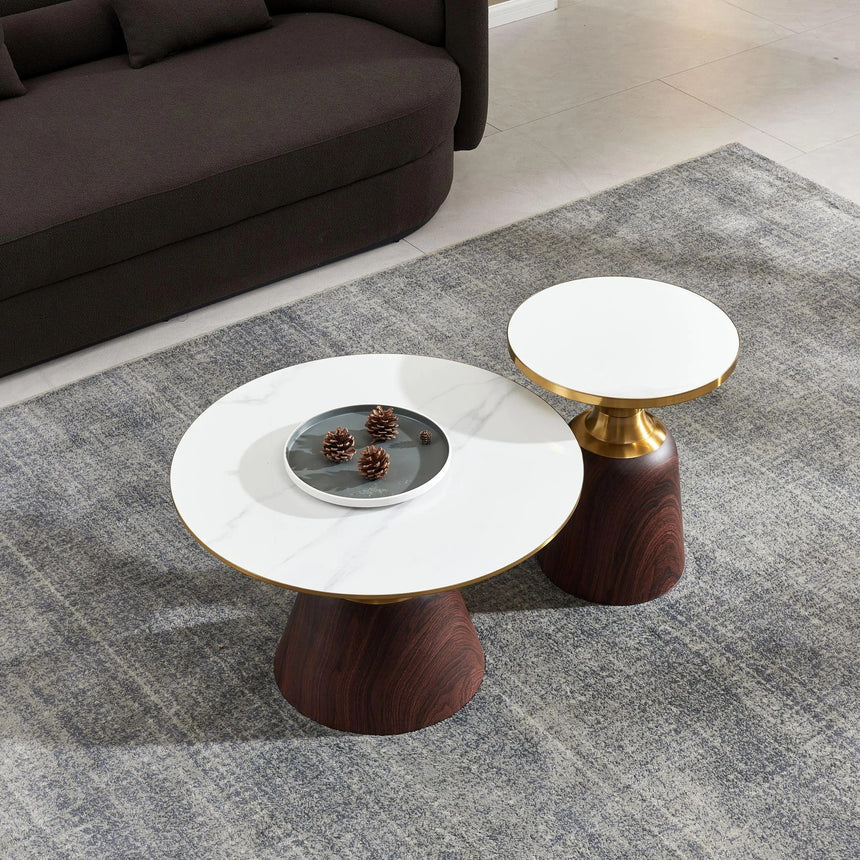 Horton Hourglass Ceramic Round Coffee Table with Walnut Base and Gold Trim