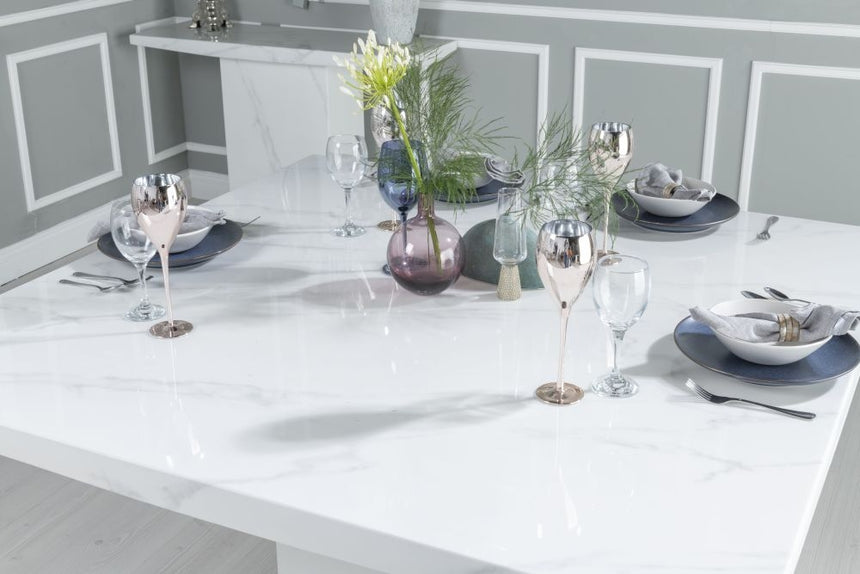 Turin White Marble Square Dining Set - Grey Fabric Knocker Back Dining Chair with Chrome Legs-5