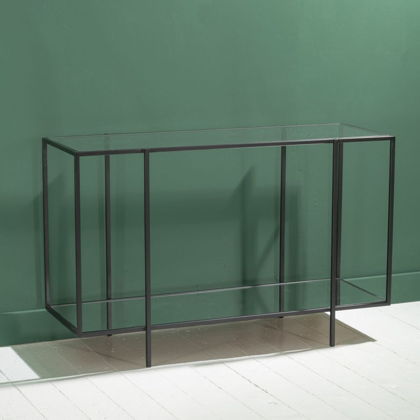 Hyde Black Metal Console Table, Clear Glass Top with Mirrored Bottom Shelf-4