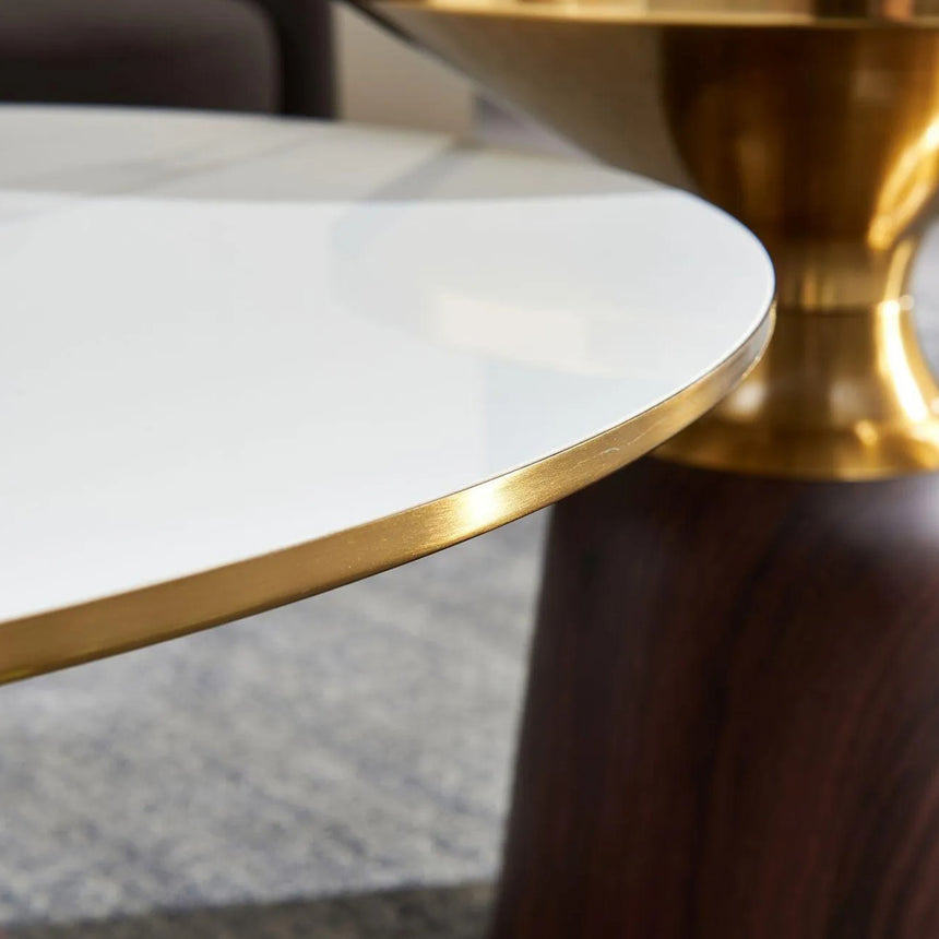Debra Grey Ceramic Round Coffee Table with Walnut Base and Gold Trim