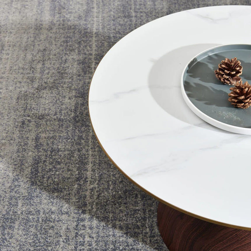 Horton Hourglass Ceramic Round Coffee Table with Walnut Base and Gold Trim