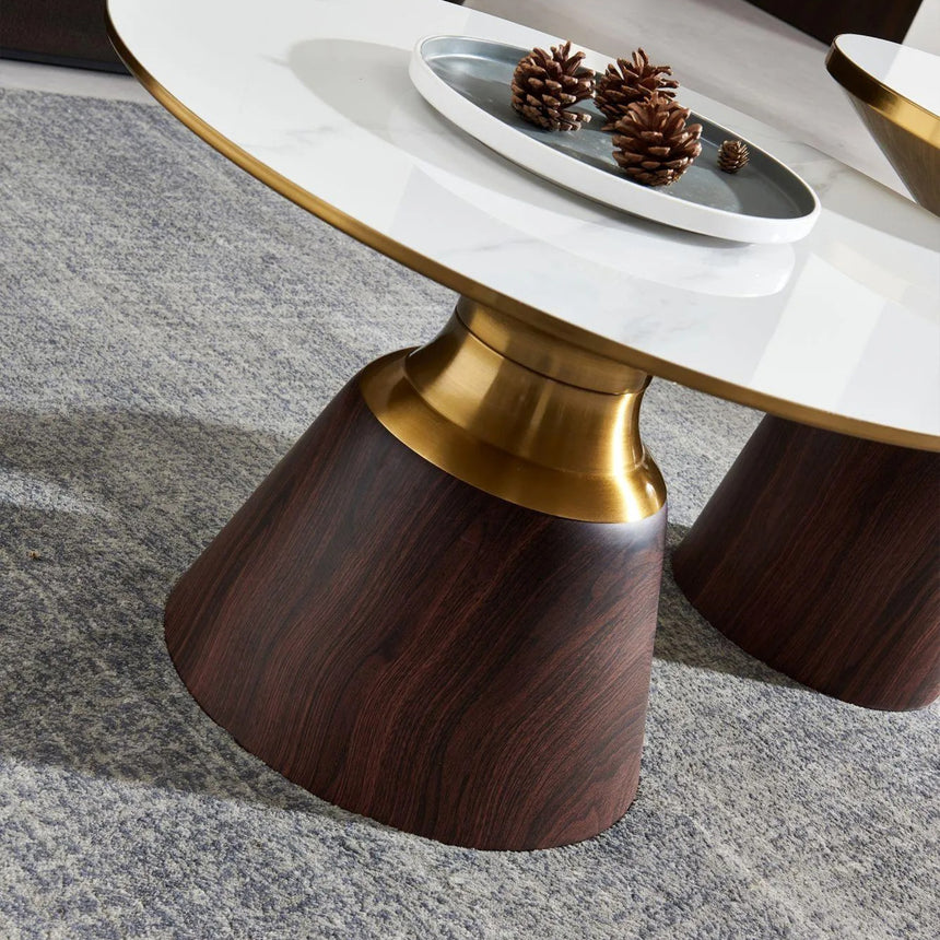 Horton Hourglass Ceramic Round Coffee Table with Walnut Base and Gold Trim