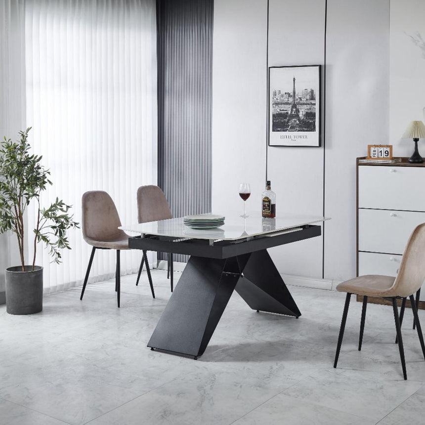 Wedge Ceramic Extending Dining Table with Black Cross Base - 140cm-180cm