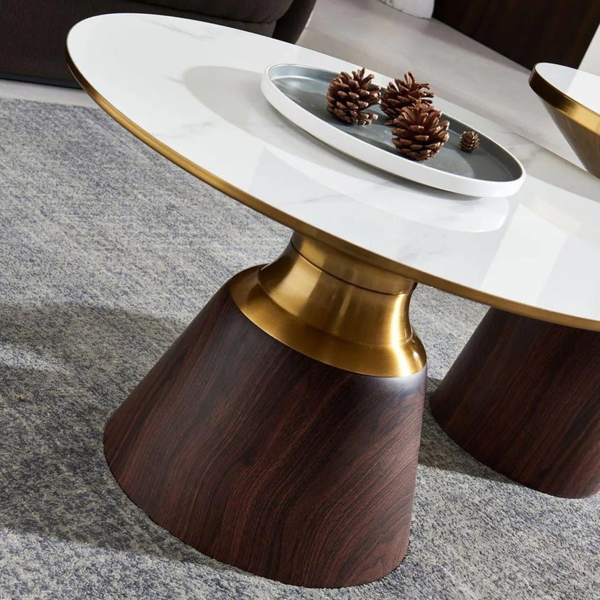 Horton Hourglass Ceramic Round Coffee Table with Walnut Base and Gold Trim