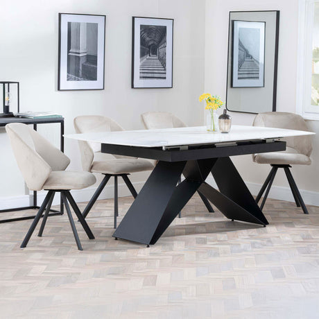 Alice White Ceramic Extending Dining Set - Burano Velvet Fabric Swivel Dining Chair